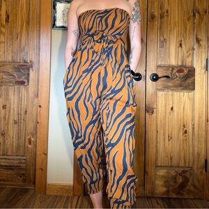 Elan Strapless Zebra-Print Jumpsuit in Burnt Orange and Navy